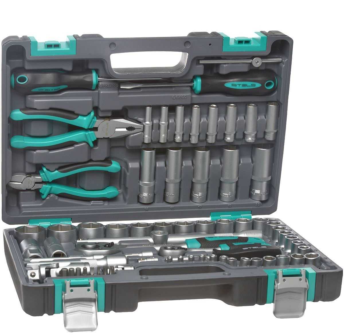 Набор инструментов 69 предметов 1/2", 1/4",  CrV, пластиковый кейс STELS 14108