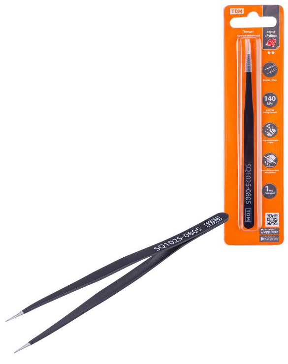Пинцет прецизионный прямой 140 мм, острое жало, нерж., антистатич. покр., блистер, "Рубин" TDM