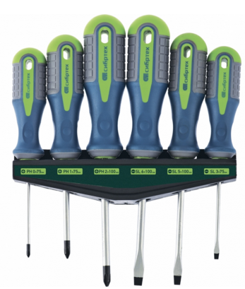 Набор отверток 6 предметов: SL:3х75; 5х100; 6х100, PH:0х75; 1х75; 2х100, CrV  Сибртех