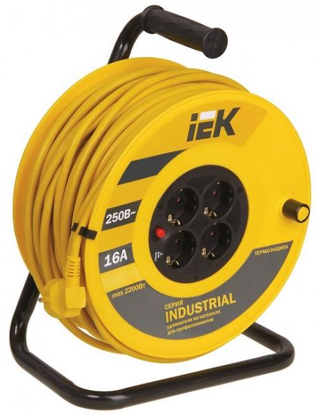 Удлинитель силовой на пластиковой катушке IEK 4*20м. с заземляющими контактами евро. с термозащитой УК20 2P+PE 3*1.5м2 Industrial