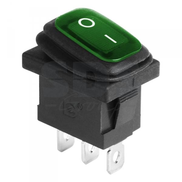Выключатель клавишный 250V 6А (3с) ON-OFF зеленый  с подсветкой  Mini ВЛАГОЗАЩИТА REXANT 36-2178