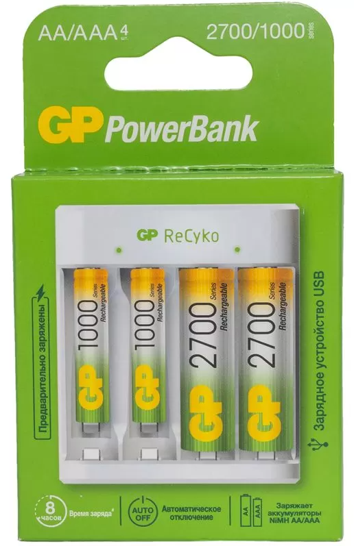 Зарядное устройство GP E411270/100-2CRB4 /12 USB (аккум. в компл. 2 х АА 2700мАч и 2 х ААА 1000мАч)