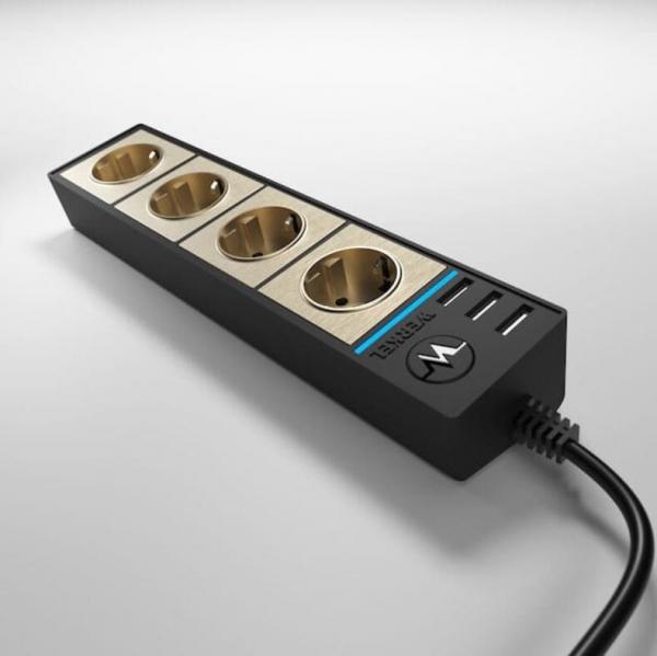 Werkel WL20-04-03 / Розеточный блок 4-х местный + 3 USB черный/шампань рифленый a041433