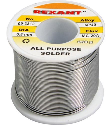 Припой с канифолью REXANT D 0,8мм, 250 гр. (Sn60 Pb40 Flux 2.2%)  арт.09-3312 09-3312