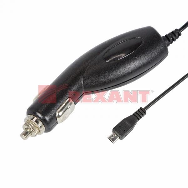Автозарядка в прикуриватель microUSB (АЗУ) (5V, 1000mA) шнур спираль 1.2М черная REXANT 16-0250