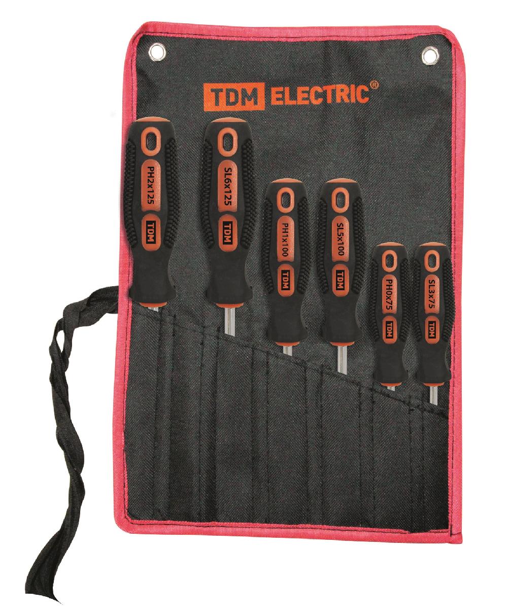 Набор отверток 6 предметов: SL:3х75; 5х100; 6х125, PH:0х75; 1х75; 2х100 (тканевый чехол), CR-V "Алмаз" TDM
