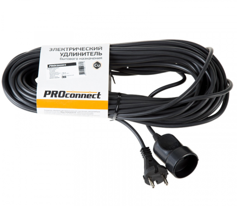 Удлинитель-шнур PROconnect ПВС 2х0.75, 20 м, б/з, 6 А, 1300 Вт, IP20, черный (Сделано в России) 11-7115
