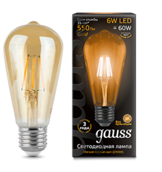 Светодиодная лампа  Gauss  ST64  6Вт  150-265В  2400К  E27  филамент.  Golden
