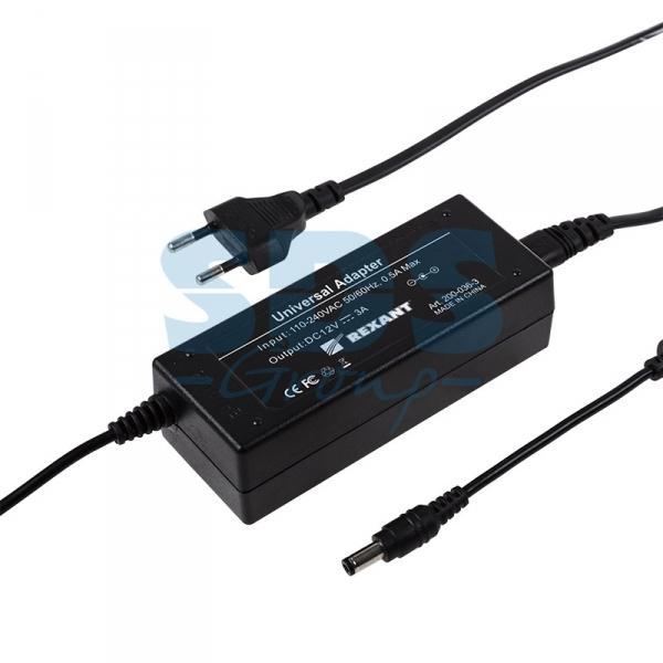Источник питания REXANT 110-220V AC/12V DC, 3А, 36W с DC разъемом подключения 5.5*2.1, без влагозащиты (IP23) 200-036-3