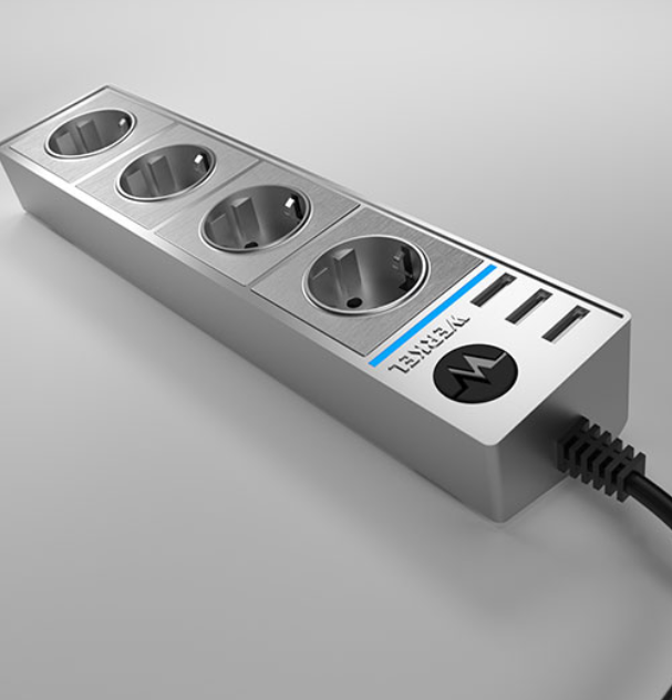 Блок розеточный 4-х местный + 3 USB серебряный/серебряный рифленый Werkel WL20-04-03 / a039976