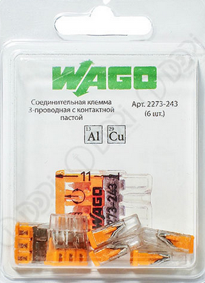Wago 2273-243  Клемма 3-проводная соединительная с пастой (упаковка 6шт) 2586