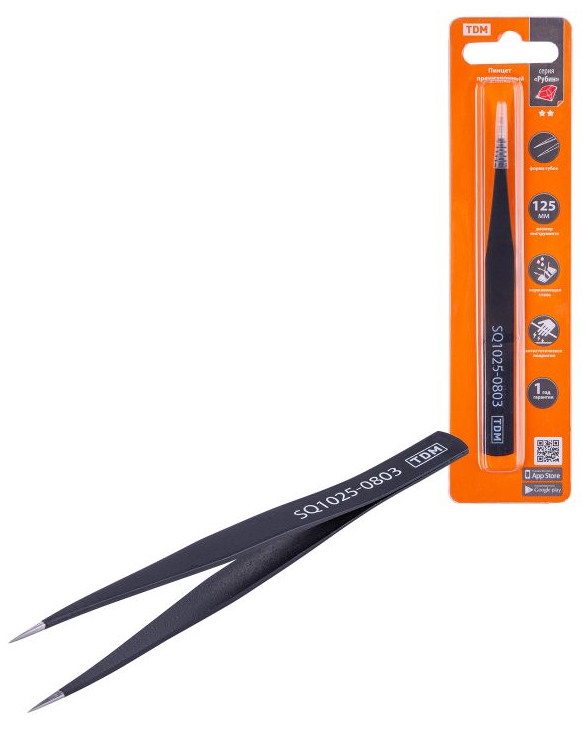 Пинцет прецизионный прямой 125 мм, острое жало, нерж., антистатич. покр., блистер, "Рубин" TDM