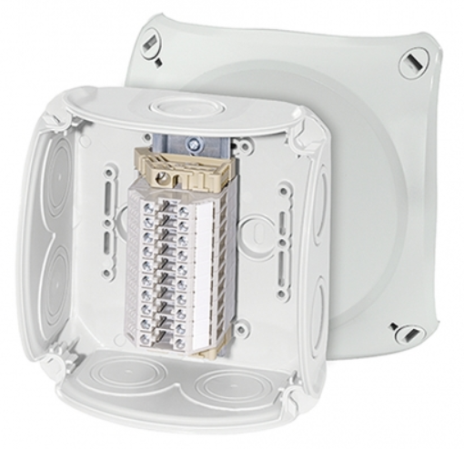Коробка RK 0610 T   130х130х77, 7+1 мемб. вводов, 10-клемм 0,5-4 кв.мм, серый, PP, IP66  HENSEL  62000175