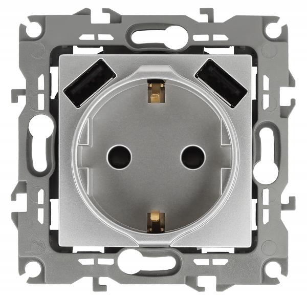14-4109-03  ЭРА Розетка 2P+E 16A-250В, штор. с 2xUSB 5В-3А, Эра Elegance, алюминий
