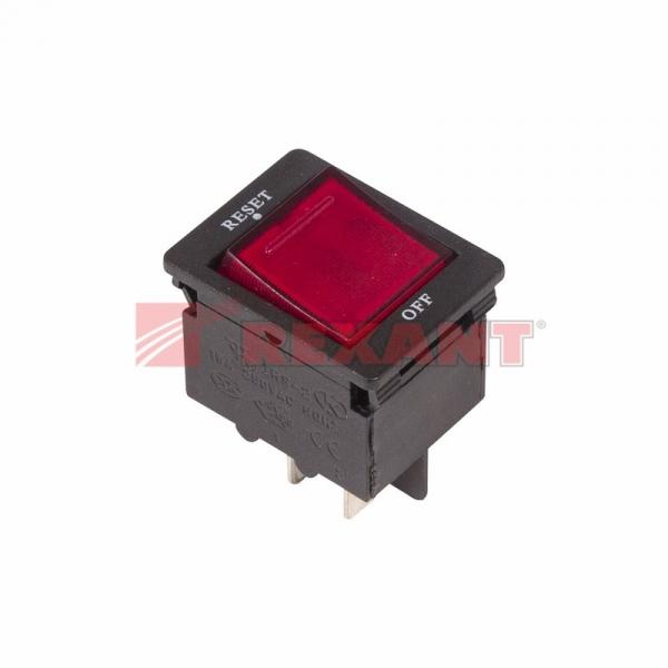 Выключатель - автомат клавишный 250V 15А (4с) RESET-OFF красный  с подсветкой (IRS-2-R15)  REXANT 36-2630