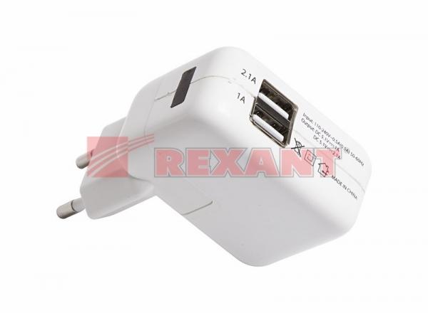 Сетевое зарядное устройство 2xUSB,  переходник+адаптер (СЗУ) (5V, 2 100mA+1000mA) REXANT 18-1187