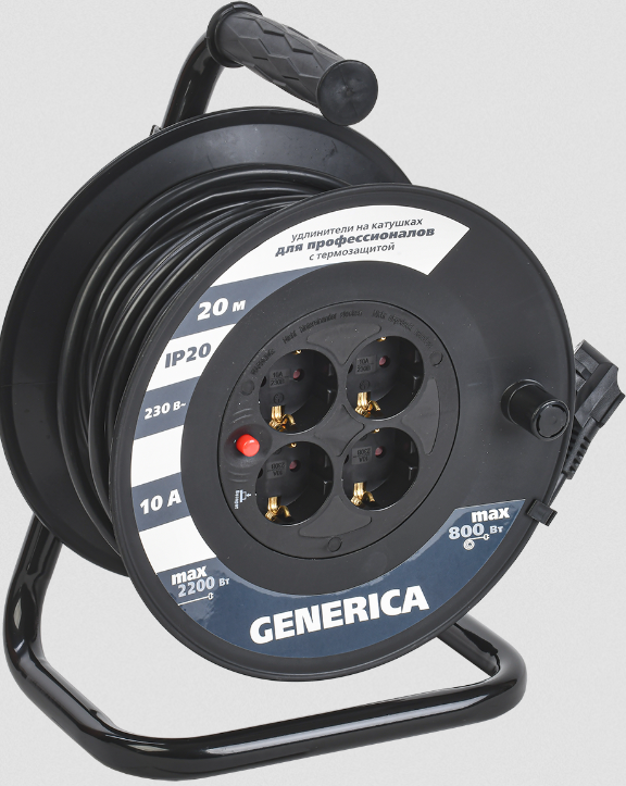 Катушка УК20 с термозащитой 4 места 2P+PE/20м 3х1,0мм2 GENERICA