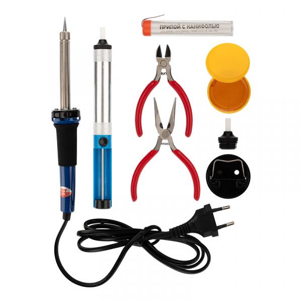 Набор для пайки №13  (паяльник 30Вт, подставка, губка для удаления припоя, канифоль, припой)  REXANT 12-0166