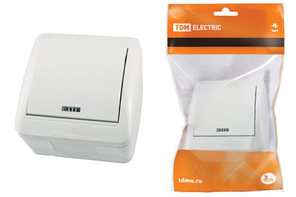 TDM  Селигер Белый Выключатель 1-клавишный открытая установка с подсветкой IP44 10А SQ1818-0003
