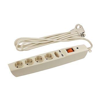 Сетевой фильтр  5гн+2xUSB,  2м с заземляющими контактами 3x1мм2, со шт, с выключателем кор, слоновая кость SFU-5es-2m-I ЭРА