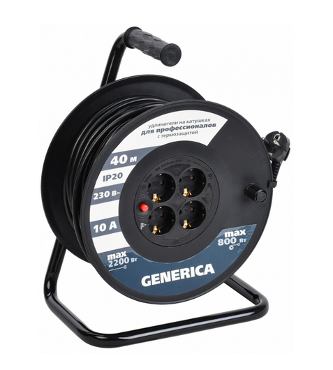 Катушка УК40 с термозащитой 4 места 2P+PE/40м 3х1,0мм2 GENERICA