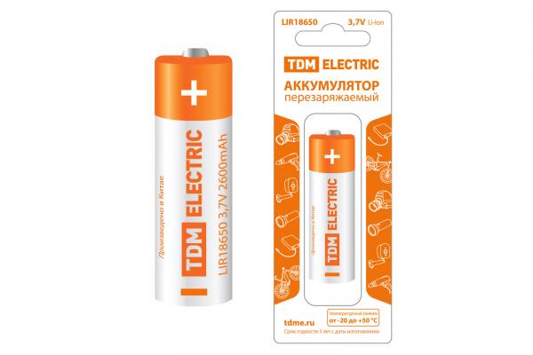 Аккумулятор TDM LIR18650 3,7 В 2600 мА*ч  Li-Ion, с защитой, BP-1,