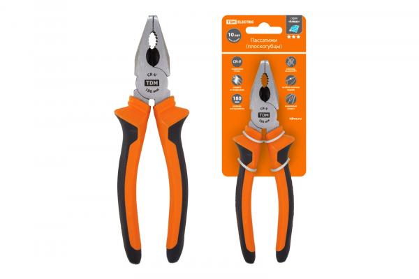 Пассатижи/плоскогубцы 180 мм  с двухкомпонентными рукоятками, CR-V сталь, серия "Алмаз" TDM