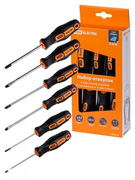 Набор отверток 6 предметов: SL:3х75; 5х100; 6х100, PH:0х75; 1х100; 2х100 (картонная коробка), CR-V "Алмаз" TDM