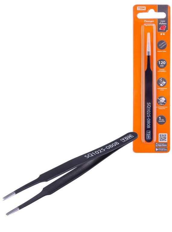 Пинцет прямой 120 мм, плоское жало 3 мм, нерж., антистатич. покр., блистер, "Рубин" TDM