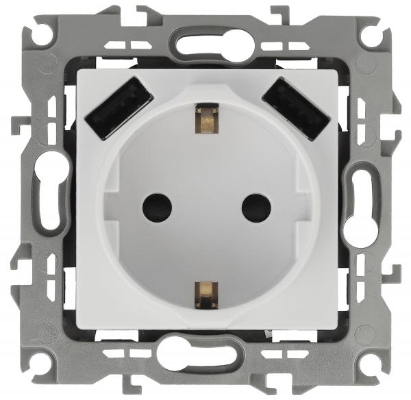 14-4109-01  ЭРА Розетка 2P+E 16A-250В, штор. с 2xUSB 5В-3А, Эра Elegance, белый