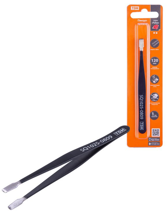 Пинцет прямой 120 мм, плоское жало 5 мм, нерж., антистатич. покр., блистер, "Рубин" TDM